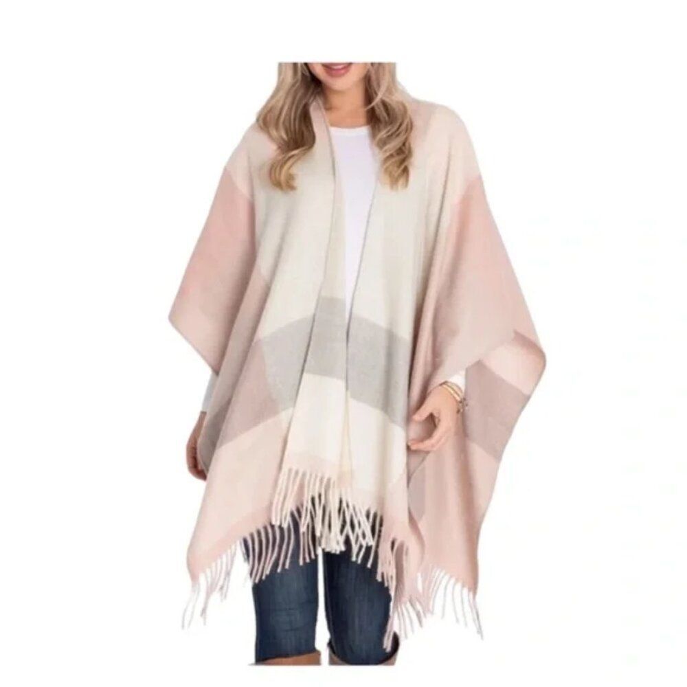 Woolrich Cozy Blanket Kimono  Aurora Plaid Light Pink Ivory One Size - Picture 9 of 9